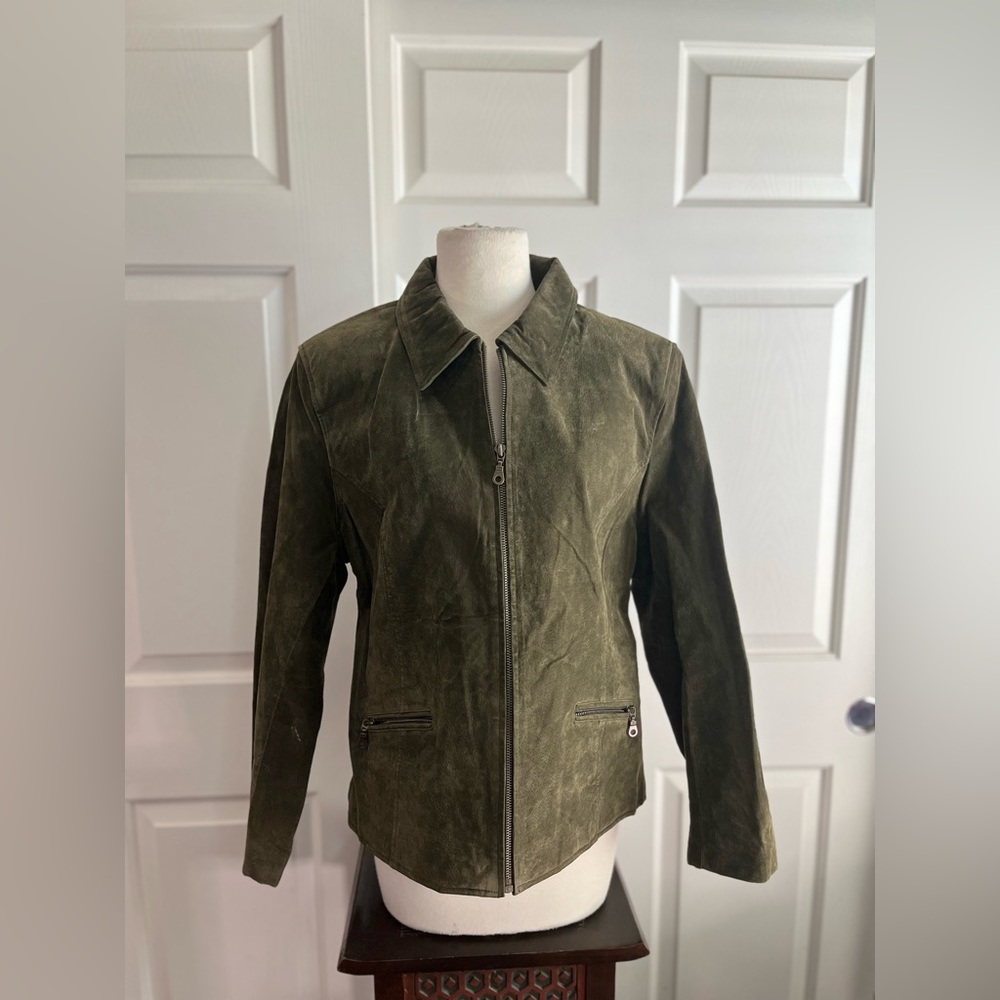 Item 084: GUC Vintage Kathy Ireland Green Leather Moto Jacket (Size Large)